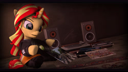 Size: 9600x5400 | Tagged: safe, artist:imafutureguitarhero, character:sunset shimmer, my little pony:equestria girls, 3d, abbey road, absurd resolution, adidas, album cover, alternate hairstyle, black bars, boots, carpet, chromatic aberration, clothing, deep purple, dress, female, film grain, freckles, hipgnosis, hoodie, let it be, music, open mouth, pink floyd, queen (band), raised eyebrow, record, record player, rug, shoes, signature, sitting, solo, source filmmaker, speaker, the beatles, the dark side of the moon, tracksuit, wallpaper