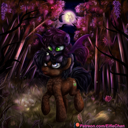 Size: 3000x3000 | Tagged: safe, artist:eifiechan, oc, oc only, species:bat pony, species:pony, bat pony oc, commission, female, forest, full moon, mare, mare in the moon, moon, night, patreon, patreon logo, ponies riding ponies, smiling, tree