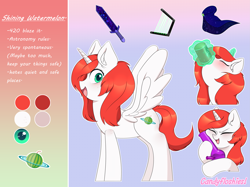 Size: 3013x2259 | Tagged: safe, artist:kei kun, oc, oc only, oc:shining watermelon, species:alicorn, species:pony, 420, 420 blaze it, alcohol, baltica, beer, bong, cape, clothing, freckles, harp, looking at you, musical instrument, reference sheet, sword, weapon