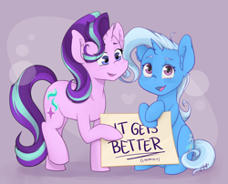 Size: 1024x829 | Tagged: safe, artist:midnightpremiere, character:starlight glimmer, character:trixie, species:pony, species:unicorn, cute, diatrixes, duo, female, glimmerbetes, it gets better, looking at you, mare, positive ponies, sign, sweet dreams fuel