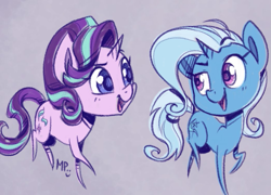 Size: 1045x752 | Tagged: safe, artist:midnightpremiere, character:starlight glimmer, character:trixie, species:pony, species:unicorn, chibi, cute, diatrixes, duo, female, glimmerbetes, gray background, looking at each other, mare, simple background
