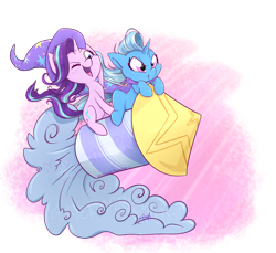Size: 1500x1374 | Tagged: safe, alternate version, artist:midnightpremiere, character:starlight glimmer, character:trixie, species:pony, species:unicorn, cape, clothing, cute, diatrixes, duo, female, glimmerbetes, guardians of harmony, hat, mare, one eye closed, open mouth, rocket, simple background, smiling, smoke, toy, toy interpretation, transparent background, trixie's cape, trixie's hat, trixie's rocket