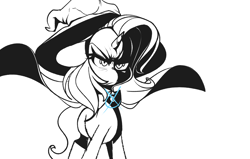 Size: 2242x1425 | Tagged: safe, artist:sourspot, character:trixie, species:pony, species:unicorn, black and white, cape, clothing, female, grayscale, hat, mare, monochrome, partial color, solo, trixie's cape, trixie's hat