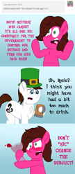 Size: 1759x4062 | Tagged: safe, artist:aarondrawsarts, oc, oc:brain teaser, oc:rose bloom, ask brain teaser, chest fluff, clothing, crazy face, drunk, faec, hat, holiday, saint patrick's day, tumblr, yelling