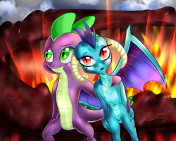 Size: 2500x2000 | Tagged: safe, artist:eifiechan, character:princess ember, character:spike, species:dragon, ship:emberspike, blushing, female, lava, male, older, older spike, shipping, straight