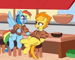 Size: 3617x2929 | Tagged: safe, artist:graphene, character:rainbow dash, character:spitfire, species:pegasus, species:pony, bomber jacket, clothing, female, jacket, mare, sitting