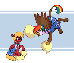 Size: 900x762 | Tagged: safe, artist:enma-darei, oc, oc only, oc:katie jay ewing, oc:rainbow feather, parent:gilda, parent:rainbow dash, parents:gildash, species:griffon, species:hippogriff, species:pegasus, species:pony, cheerleader, clothing, cute, duo, glasses, griffon oc, interspecies offspring, magical lesbian spawn, offspring, piercing, pleated skirt, ponytail, simple background, skirt