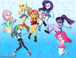 Size: 1340x1022 | Tagged: safe, artist:charliexe, character:applejack, character:fluttershy, character:pinkie pie, character:rainbow dash, character:rarity, character:spike, character:spike (dog), character:sunset shimmer, character:twilight sparkle, character:twilight sparkle (scitwi), species:dog, species:eqg human, g4, my little pony: equestria girls, my little pony:equestria girls, applejack's hat, belt, boots, bracelet, clothing, converse, covering, cowboy hat, cute, dashabetes, denim skirt, diapinkes, dress, embarrassed, feet, female, geode of empathy, geode of sugar bombs, geode of super strength, geode of telekinesis, glasses, hat, heart eyes, high heel boots, high heels, humane five, humane seven, humane six, jackabetes, jewelry, legs, looking at you, midriff, moe, panties, pants, panty shot, pantyhose, ponytail, raribetes, sandals, schrödinger's pantsu, shimmerbetes, shirt, shoes, shyabetes, skirt, skirt lift, smiling, sneakers, socks, stetson, strategically covered, thighs, twiabetes, underwear, upskirt, upskirt denied, white underwear, wingding eyes
