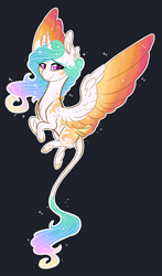 Size: 1174x2000 | Tagged: safe, artist:australian-senior, character:princess celestia, species:alicorn, species:pony, alternate design, alternate universe, black background, colored hooves, colored wings, ethereal mane, feathered fetlocks, female, leonine tail, mare, simple background, solo, swirly markings