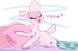 Size: 2167x1413 | Tagged: safe, artist:graphene, community related, character:pom lamb, species:sheep, them's fightin' herds, bed, cute, eyes closed, female, lamb, open mouth, pillow, solo, yawn