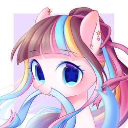 Size: 2000x2000 | Tagged: safe, artist:leafywind, oc, oc only, oc:ribbon dancer, species:earth pony, species:pony, bust, ear piercing, female, looking at you, mare, mouth hold, multicolored hair, piercing, ribbon, solo, starry eyes, wingding eyes