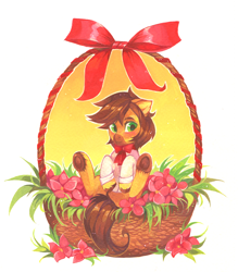 Size: 1768x2018 | Tagged: safe, artist:lispp, oc, oc only, oc:ardent shield, species:earth pony, species:pony, basket, bow, bow tie, easter, easter basket, flower, holiday, marker drawing, pony in a basket, solo, traditional art, underhoof, ych result