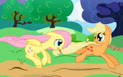 Size: 900x563 | Tagged: safe, artist:kittyhawk-contrail, character:applejack, character:fluttershy, ship:appleshy, female, lesbian, missing accessory, shipping, vector