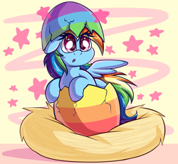 Size: 3022x2787 | Tagged: safe, artist:graphene, character:rainbow dash, species:pony, cute, dashabetes, dawwww, easter, easter egg, egghead, female, hatching, holiday, looking up, mare, nest, open mouth, pun, rainbow dork, solo, starry eyes, stars, visual gag, wingding eyes