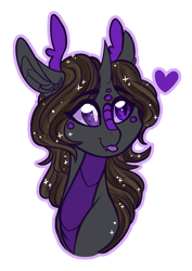 Size: 849x1200 | Tagged: safe, artist:australian-senior, oc, oc:juliet invictus, species:alicorn, species:dracony, species:kirin, species:pony, alternate universe, antlers, blep, bust, colored sclera, heart, hybrid, kirindos, purple eyes, scales, silly, simple background, solo, tongue out, transparent background