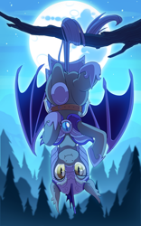 Size: 2500x4000 | Tagged: safe, artist:jedayskayvoker, artist:redchetgreen, species:bat pony, species:pony, armor, collaboration, female, forest, guard, hanging, helmet, looking at you, mare, mare in the moon, moon, night, night guard, solo, suspended, tail hold, tree, tree branch, upside down