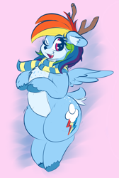 Size: 1345x2001 | Tagged: safe, artist:graphene, character:rainbow dash, species:deer, species:peryton, chubby, clothing, cute, dashabetes, deerified, female, fluffy, looking at you, one eye closed, original species, reindeer dash, scarf, smiling, solo, species swap, wings, wink