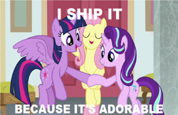 Size: 1140x740 | Tagged: safe, artist:brandonale, edit, edited screencap, screencap, character:fluttershy, character:starlight glimmer, character:twilight sparkle, character:twilight sparkle (alicorn), species:alicorn, species:pegasus, species:pony, species:unicorn, ship:twistarlight, episode:school daze, g4, my little pony: friendship is magic, cute, eyes closed, female, fluttershipper, glimmerbetes, holding hooves, i ship it, image macro, lesbian, mare, meme, open mouth, shipper on deck, shipping, smiling, spread wings, text edit, twiabetes, wings