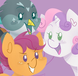 Size: 466x454 | Tagged: safe, artist:midnightpremiere, character:gabby, character:scootaloo, character:sweetie belle, species:griffon, species:pegasus, species:pony, species:unicorn, female, filly, looking at you, purple background, simple background, smiling, trio