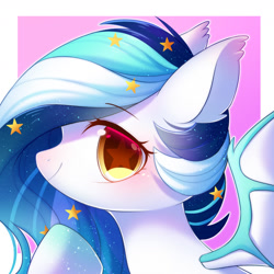 Size: 1800x1800 | Tagged: safe, artist:leafywind, oc, oc only, oc:wistful galaxy, species:bat pony, species:pony, abstract background, bat pony oc, bat wings, bust, colored pupils, colored wings, ear fluff, ethereal mane, female, galaxy mane, looking at you, mare, portrait, solo, spread wings, starry eyes, wingding eyes, wings