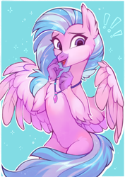 Size: 1774x2500 | Tagged: safe, artist:lispp, character:silverstream, species:classical hippogriff, species:hippogriff, episode:school daze, g4, my little pony: friendship is magic, abstract background, belly fluff, bipedal, blue background, cheek fluff, chest fluff, cute, diastreamies, ear fluff, exclamation point, female, fluffy, jewelry, leg fluff, lidded eyes, looking at you, necklace, open mouth, simple background, smiling, solo, sparkles, spread wings, wing fluff, wings