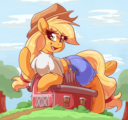 Size: 3500x3306 | Tagged: safe, artist:graphene, character:applejack, species:earth pony, species:pony, applejack's hat, belt, big-apple-pony, clothing, cowboy hat, cute, denim skirt, female, freckles, giant pony, hat, looking at you, macro, mare, shirt, skirt, stetson