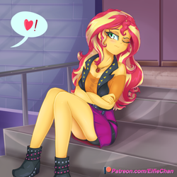 Size: 3000x3000 | Tagged: safe, artist:eifiechan, character:sunset shimmer, g4, my little pony: equestria girls, my little pony:equestria girls, black underwear, blushing, boots, boyshorts, clothing, cute, female, geode of empathy, jacket, leather jacket, legs, one eye closed, panties, patreon, patreon logo, pictogram, shimmerbetes, shirt, shoes, skirt, solo, stairs, tsundere, tsunset shimmer, underwear, upskirt, wink