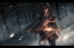 Size: 1800x1176 | Tagged: safe, artist:ventious, oc, oc only, oc:latch, species:anthro, cloak, clothing, female, lantern, snow, solo, sword, weapon, winter