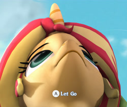 Size: 6414x5400 | Tagged: safe, artist:imafutureguitarhero, character:sunset shimmer, species:pony, species:unicorn, 3d, absurd file size, absurd resolution, alternate hairstyle, alternate mane style, clothing, cloud, crossover, elf hat, female, film grain, hat, hood, let go, link, link's hat, low angle, mare, meme, parody, perspective, reference, shadow, signature, sky, solo, source filmmaker, text, the legend of zelda, the legend of zelda: the wind waker