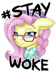 Size: 3577x4610 | Tagged: safe, alternate version, artist:partylikeanartist, character:fluttershy, species:pegasus, species:pony, episode:fake it 'til you make it, alternate costumes, alternate hairstyle, braid, clothing, female, glasses, hashtag, hat, high res, hipster, hipster glasses, hipstershy, raised eyebrow, redbubble, scarf, shirt, simple background, smiling, smirk, smug, solo, sticker, t-shirt, text, transparent background, wingding eyes, woke