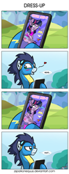 Size: 1675x4214 | Tagged: safe, artist:zsparkonequus, character:soarin', character:twilight sparkle, character:twilight sparkle (alicorn), species:alicorn, species:pegasus, species:pony, blushing, cellphone, clothing, comic, dexterous hooves, dressup, dressup game, female, male, panties, phone, pink underwear, realization, shipping, smartphone, soarlight, straight, underwear, undressing, uniform, we don't normally wear clothes, white underwear, wonderbolts uniform