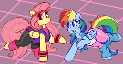 Size: 3955x2080 | Tagged: safe, artist:graphene, character:fluttershy, character:rainbow dash, species:pegasus, species:pony, 80's fashion, clothing, cute, dashabetes, female, mare, olivia newton-john, shyabetes, smiling, workout outfit