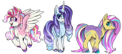 Size: 3760x1676 | Tagged: safe, artist:not-ordinary-pony, character:fluttershy, character:pinkie pie, character:rarity, species:earth pony, species:pegasus, species:pony, species:unicorn, g4, alternate design, earth pony fluttershy, female, pegasus pinkie pie, race swap, simple background, transparent background