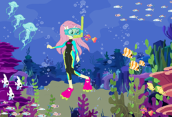 Size: 1314x894 | Tagged: safe, artist:php43, edit, character:fluttershy, g4, my little pony: equestria girls, my little pony:equestria girls, bubble, coral, coral reef, cute, fish, flippers, jellyfish, ms paint, ocean, reef, school of fish, show accurate, snorkeling, swimming, tropical fish, underwater, watershy, wetsuit