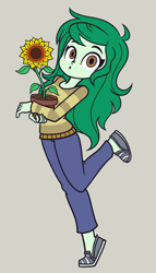 Size: 2000x3500 | Tagged: safe, artist:khuzang, character:wallflower blush, equestria girls:forgotten friendship, g4, my little pony: equestria girls, my little pony:equestria girls, a friendship to remember, caught, clothing, cute, female, flower, flowerbetes, long hair, looking at you, most likely to be forgotten, pants, shoes, solo, sweater, wallflower and plants, whistling