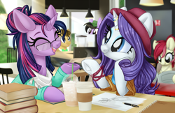 Size: 1024x662 | Tagged: safe, artist:kellythedrawinguni, character:doctor whooves, character:rarity, character:roseluck, character:time turner, character:twilight sparkle, oc, oc:quilly, species:pony, species:unicorn, alternate hairstyle, book, cafe, clothing, coffee, female, horn, horn ring, male, mare, paper, ring, smiling, stallion, table