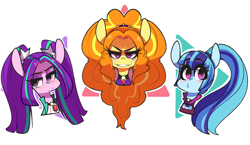Size: 3239x1879 | Tagged: safe, artist:sourspot, character:adagio dazzle, character:aria blaze, character:sonata dusk, species:pony, my little pony:equestria girls, clothing, evil grin, gem, grin, jewel, looking at you, pigtails, ponytail, siren gem, smiling, twintails
