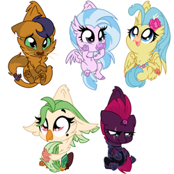 Size: 1024x1024 | Tagged: safe, artist:kellythedrawinguni, character:capper dapperpaws, character:captain celaeno, character:princess skystar, character:silverstream, character:tempest shadow, species:abyssinian, species:classical hippogriff, species:hippogriff, species:parrot, species:pony, species:unicorn, episode:school daze, g4, my little pony: friendship is magic, my little pony: the movie (2017), armor, behaving like a cat, capperbetes, cat, celaenobetes, chibi, cute, diastreamies, female, mare, scruff, simple background, skyabetes, smiling, tempestbetes, white background