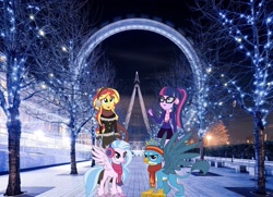 Size: 2048x1483 | Tagged: safe, artist:invisibleink, artist:lifes-remedy, editor:php77, character:gallus, character:silverstream, character:sunset shimmer, character:twilight sparkle, character:twilight sparkle (scitwi), species:classical hippogriff, species:eqg human, species:griffon, species:hippogriff, episode:school daze, g4, my little pony: friendship is magic, my little pony:equestria girls, london, london eye, wallpaper, winter