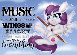 Size: 2383x1683 | Tagged: safe, artist:partylikeanartist, oc, oc only, species:pegasus, species:pony, bassoon, cloud, flying, music, musical instrument, musician, poster, quote, sky, solo, text