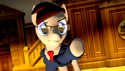 Size: 1600x900 | Tagged: safe, artist:aarondrawsarts, oc, oc:brain teaser, species:pony, 3d, ace attorney, clothing, courtroom, glasses, male, objection, pointing, source filmmaker, suit