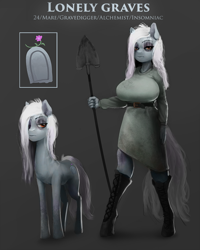 Size: 961x1200 | Tagged: safe, artist:maarthul, oc, oc only, oc:lonely graves, species:anthro, species:pony, anthro with ponies, female, flower, gravestone, mare, reference sheet, shovel