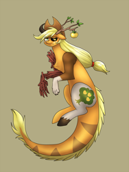Size: 1200x1600 | Tagged: safe, artist:lurking tyger, character:applejack, species:dog, species:draconequus, species:pony, alternate cutie mark, antlers, applejack is not amused, black sclera, border collie, branches, chest fluff, commission, cow horns, draconequified, female, floppy ears, frown, golden apple, horse, lizard, mismatched eyes, simple background, solo, species swap, timber wolf, transformed, unamused