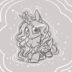 Size: 1024x1024 | Tagged: safe, artist:kellythedrawinguni, character:princess cadance, species:alicorn, species:pony, alternate hairstyle, female, mare, monochrome, prone, solo