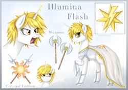 Size: 3400x2400 | Tagged: safe, artist:renaphin, oc, oc:illumina flash, species:pony, species:unicorn, angry, armor, axe, cloak, clothing, commission, cutie mark, female, gold, magic, reference sheet, solo, sun, weapon
