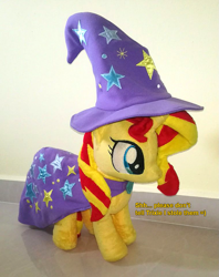 Size: 759x960 | Tagged: safe, artist:epicrainbowcrafts, character:sunset shimmer, cape, clothing, cute, floor, hat, irl, photo, plushie, trixie's cape, trixie's hat