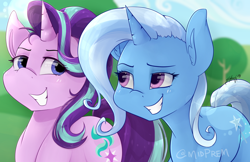 Size: 1024x663 | Tagged: safe, artist:midnightpremiere, character:starlight glimmer, character:trixie, species:pony, species:unicorn, female, grin, looking at each other, mare, smiling