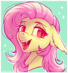 Size: 1200x1279 | Tagged: safe, artist:lispp, character:flutterbat, character:fluttershy, species:bat pony, species:pony, abstract background, blushing, bust, ear fluff, fangs, female, floppy ears, happy, looking at you, mare, open mouth, portrait, race swap, red eyes, slit eyes, solo, sparkles, tongue out, white outline