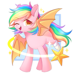 Size: 894x894 | Tagged: safe, artist:leafywind, oc, oc only, oc:paper stars, species:bat pony, species:pony, abstract background, amputee, bandage, bat pony oc, bat wings, colored pupils, colored wings, cute, cute little fangs, ear fluff, fangs, female, happy, looking at you, mare, missing cutie mark, ocbetes, one eye closed, open mouth, rainbow hair, rainbow tail, simple background, smiling, solo, spread wings, starry eyes, stars, transparent background, wingding eyes, wings, wink