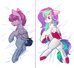 Size: 1250x1166 | Tagged: safe, artist:cloud-fly, oc, oc only, oc:flower lullaby, oc:thunderblood monarch, species:pegasus, species:pony, body pillow, body pillow design, butt, female, male, mare, plot, prone, stallion, two toned wings, waifu pillow